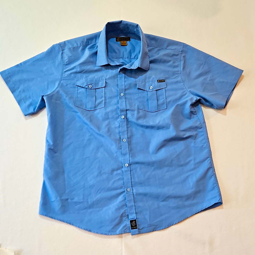 Y2K Rocawear Men's Blue Solid Woven Button-Up Shirt Short Sleeve 2XL Pockets